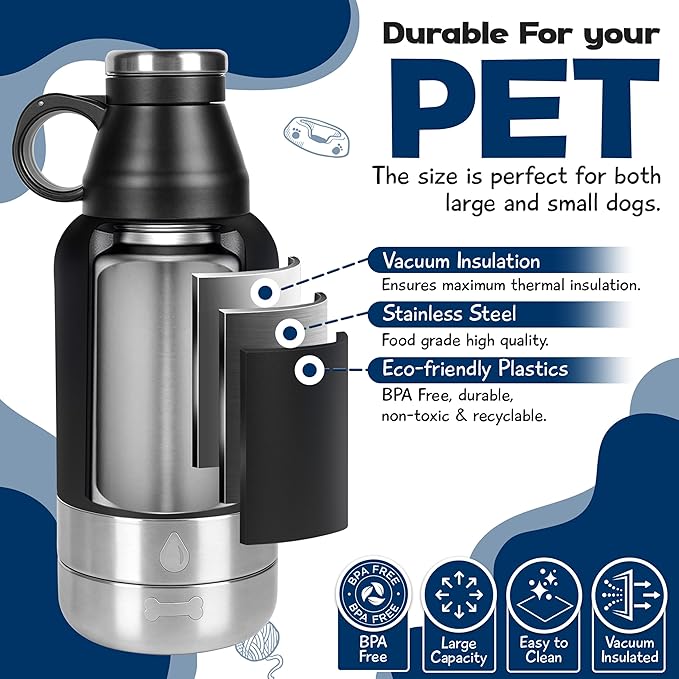 Stainless Steel Insulated Water Bottle with 2 Removable Water Bowls for Dogs – Leak-Proof Eco-Friendly Portable Dog Water Bottle - Travel Accessories for Dogs - 32oz - Black