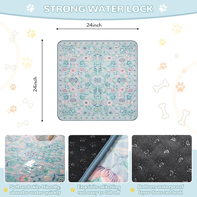 Lahome Washable Reusable Pee Pads for Dogs - Blue Botanical Floral 2 Pack Puppy Pads, Super Absorbent & Waterproof Dog Training Mats for Potty & Crate - Leakproof with Non-Slip Backing (24"x24")