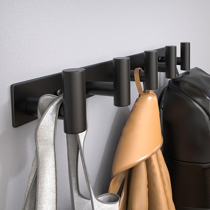 VINHOLD Coat Rack Wall Mounted with 5 Hooks,Heavy Duty Stainless Steel Wall Hooks for Towel Coat Bag, Hat Rack Coat Hanger Coat Hooks Towel Racks for Bathroom Entryway Kitchen Hotel (Black, 2 Packs)