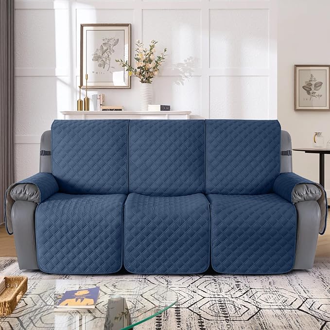 TAOCOCO 100% Waterproof Recliner Couch Covers, Recliner Sofa Covers with Leg Straps, 1-Piece Washable Reclining Sofa Cover with Pocket Couch Protector for Pets Kids(3 Seater, Ocean Blue)