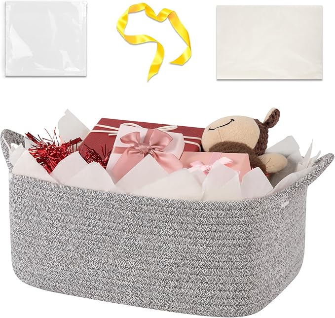 OIASKET Basket for Gifts Empty, Woven Storage Basket with Gift Bag, Ribbon and Wrap Tissue Paper, Small Rope Toy Storage with Handles for Baby Shower, Dog Toy Organizer, 13.6" x 10" x 5.9”, Gray