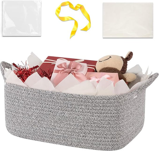 OIASKET Basket for Gifts Empty, Woven Storage Basket with Gift Bag, Ribbon and Wrap Tissue Paper, Small Rope Toy Storage with Handles for Baby Shower, Dog Toy Organizer, 13.6" x 10" x 5.9”, Gray