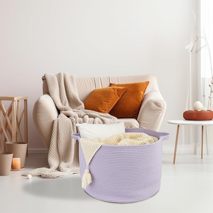 XUANGUO Extra Large Cotton Rope Basket Blankets Basket Living Room 22"x14" Toy Basket for Kids Storage Basket for Nursery Woven Laundry Basket for Clothes Baby Toy Storage round purple or Lavendor