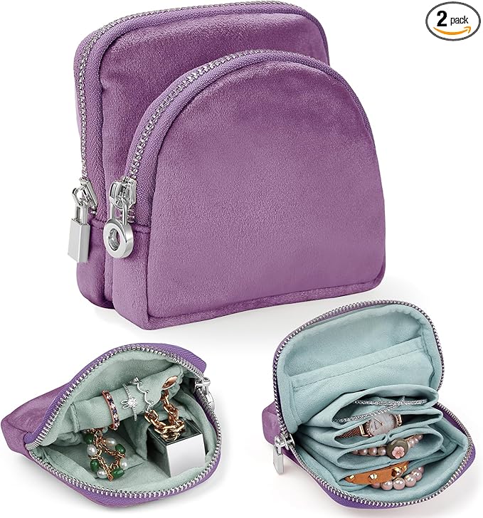 Small Travel Jewelry Case Set 2-in-1 Detachable Velvet Pouches, Portable Jewelry Organizer bag for Rings Earrings Bracelets, Gift Box for Women (Lavender Purple)