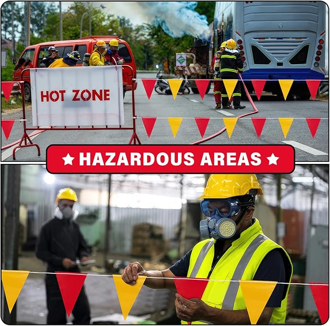 105ft Pennant Banner Flags, 7x10 Red and Yellow 45 Pcs High Visibility Safety Flagging on String, Triangle Pool Flag for Backstroke, Construction Events Party Decoration Parking Marking Outside