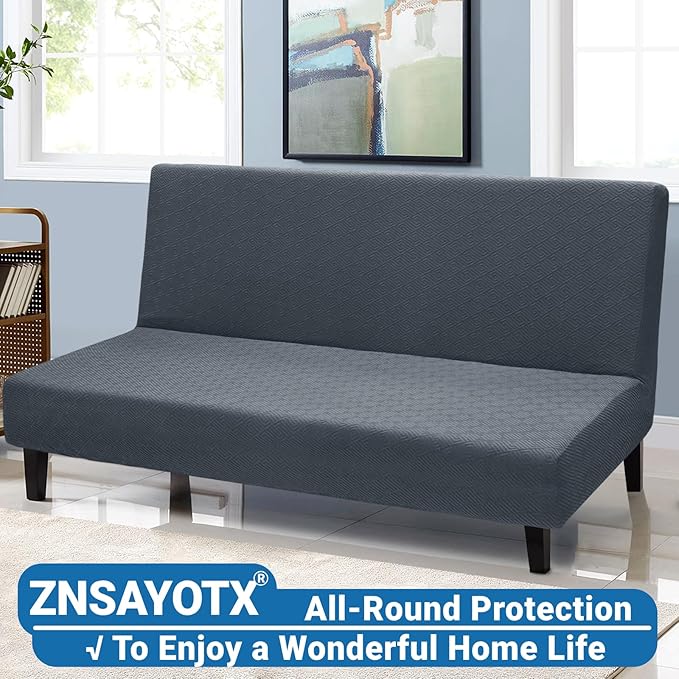 ZNSAYOTX Stretch Fit Futon Cover (67"-82") Armless Futon Sofa Bed Slipcover with Elastic Band, Universal Foldable Sofa Mattress Protector Full Queen Size, Washable Comfort Jacquard (Dark Grey)