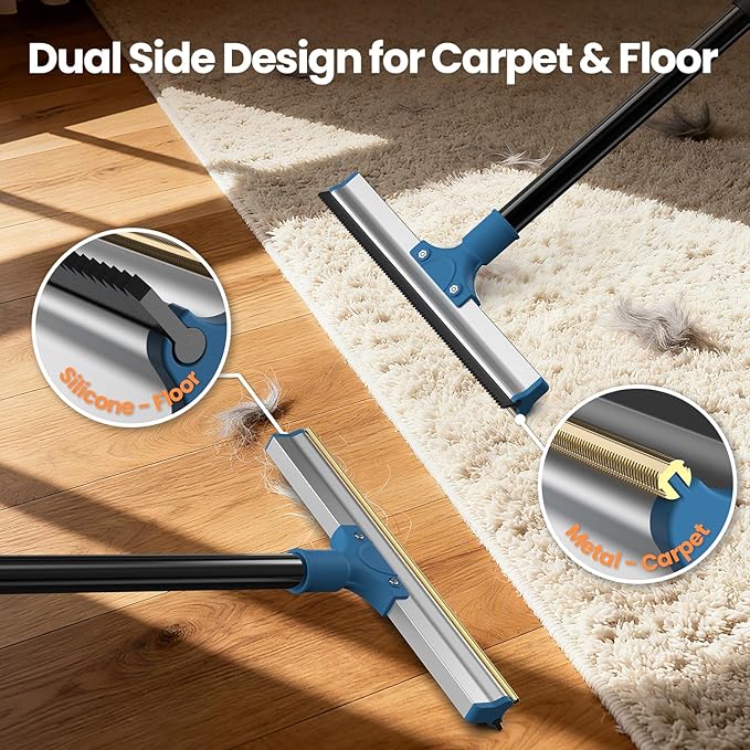 4 in 1 Carpet Rake for Pet Hair Removal - Dog Cat Fur Remover Scraper Broom, 48" Adjustable Carpet Rake, Hair Removal Glove, Handheld Brush, Grooming Brush, Cleaner Tools for Rugs, Mats, Sofa, Bed