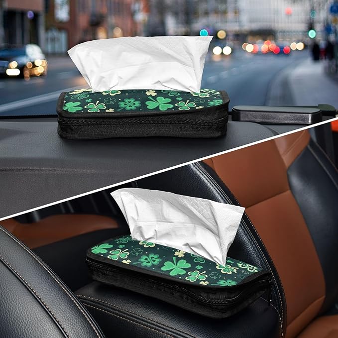 Car Tissue Holder Car Napkin Holder Car Tissue Box Dispenser Storage Case Sun Visor Mask Holder with Adjustable Straps Reusable Refillable Green Clover Leaves