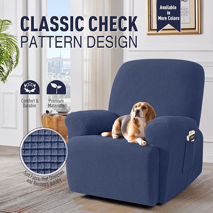 TAOCOCO Recliner Cover 4-Pieces, Recliner Stretch Sofa Slipcover, Recliner Cover 1 Seat, Couch Protector Soft, Furniture Protector Covers with Elastic,Chair Covers Jacquard Pattern (Navy Blue)