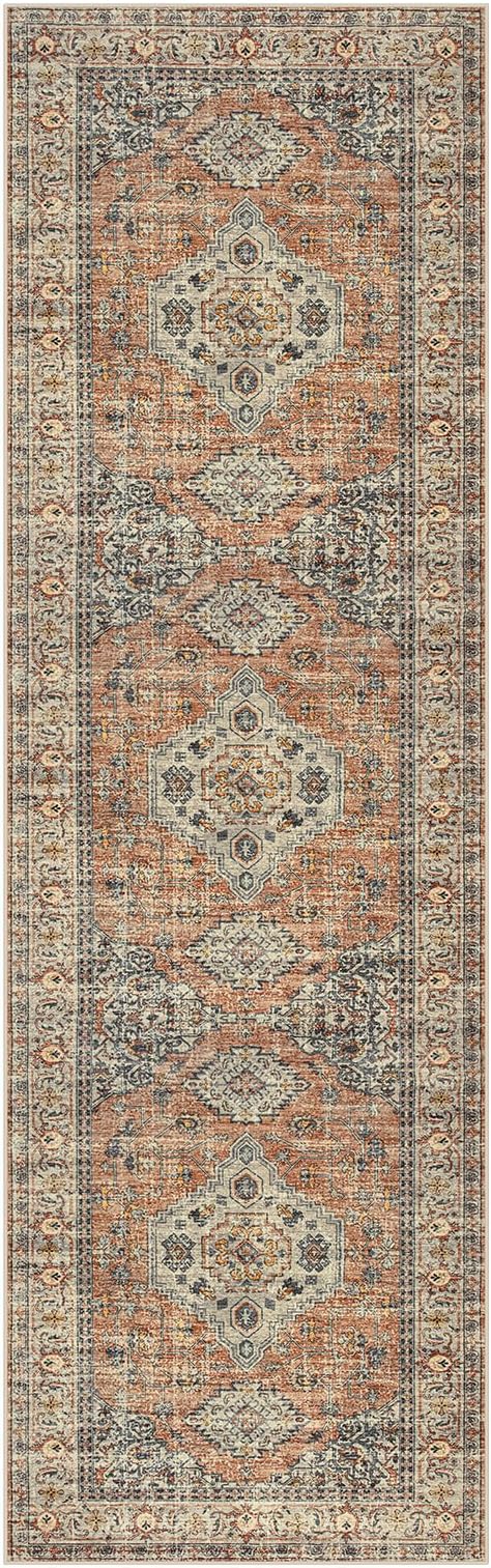 Lahome Oriental Hallway Runner Rug, 2.5x8 Kitchen Runner Non Slip Ultra-Thin, Soft Washable Hallway Rug Distressed Long Carpet for Entryway ‎Laundry Room Bathroom Eleanor, Peach/Orange