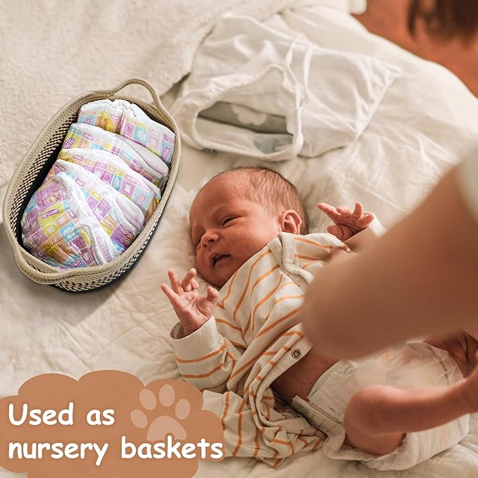 Small Woven Baskets for Organizing Rope Storage Basket with Handle Cute Cotton Nursery Gift Dog Toy Bins Organizer-Light Beige