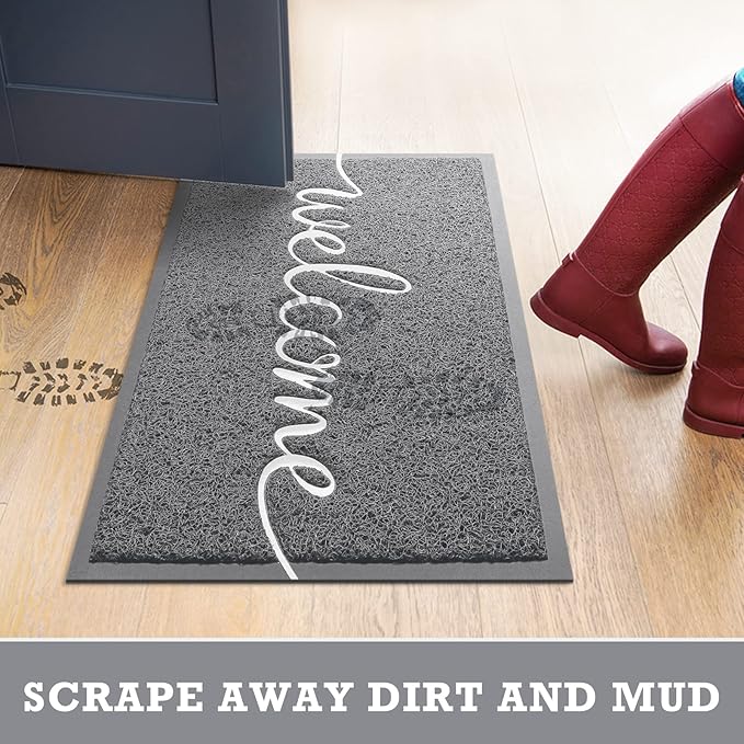 Grey Door Mat Welcome Mats Outdoor Indoor Non-Slip Doormat for Entryway Low-Profile Floor Mat for Yard, Garage, High Traffic Areas (30"x17.5", Grey)