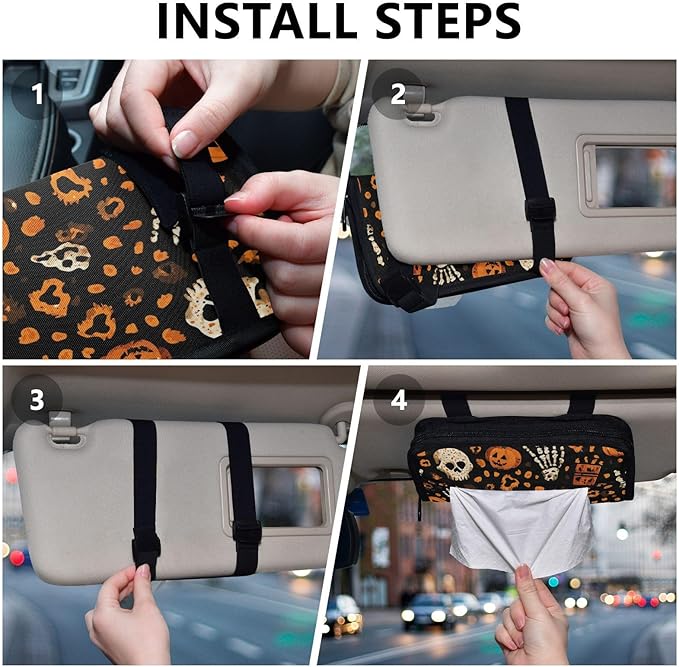 Car Tissue Holder Car Napkin Holder Car Tissue Box Dispenser Storage Case Sun Visor Mask Holder with Adjustable Straps Reusable Refillable Halloween Leopard Pumpkin Skull Brown