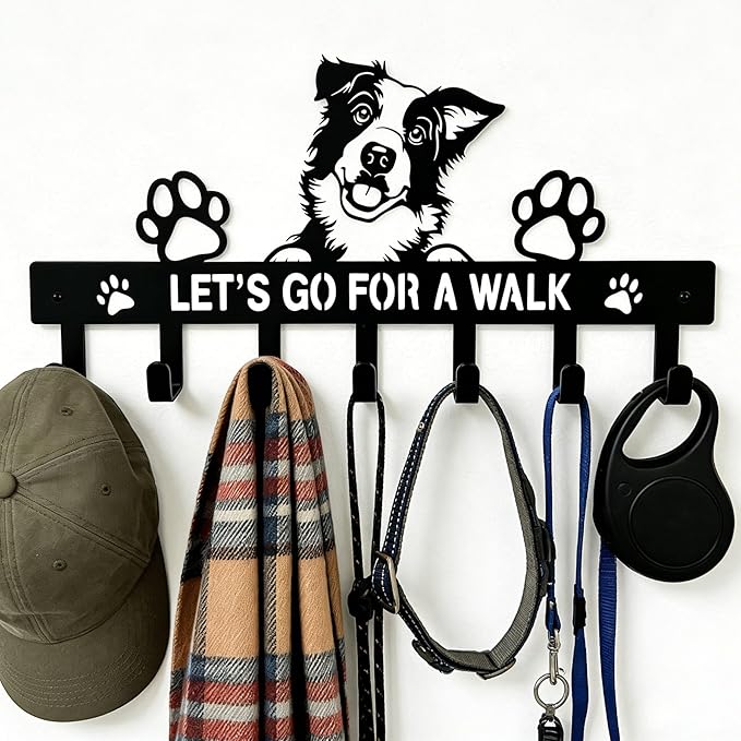 Border Collie Key Holder Wall Mount, Dog Leash Holder for Wall with 7 Hooks, Let‘s Go for a Walk Sign, Metal Black Entryway Key Rack, Front Door Small Car Key Hanger, Collie Decor & Gifts