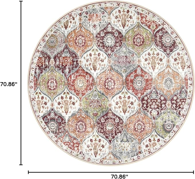Lahome Moroccan Trellis Washable Round Area Rug, Soft Round Rugs 6ft Ultra-Thin Non-Slip, Vintage Large Circle Carpet for Bedroom Living Room Kitchen Nursery Elise, Orange/Terracotta