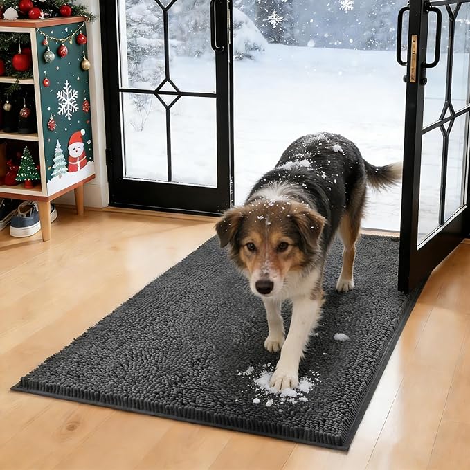 WAYNHUI Dog Door Mat for Muddy Paws 24"x 70" Large- Absorbent Dirt Trapper Quick Dry Non Slip Washable Chenille Mud Mat for Dogs, Front Door mat Indoor Entrance Pets Rug, Dark Grey (24"x 70")