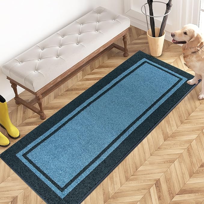 PURRUGS Dirt Trapping Door Mat 24" x 60", Non-Slip Machine Washable Entryway Rug, Entrance Mat, Indoor Front Door Mat, Super Absorbent Entry Rug for Muddy Shoes & Paws, Light Blue & Navy