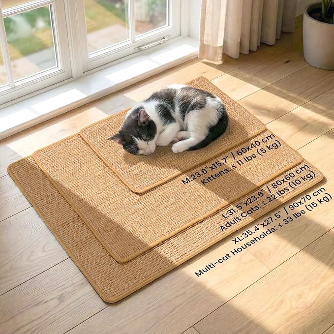 Cat Scratcher Mat,Natural Sisal Cat Scratch Pad with Hook&Loop Tape,Horizontal Floor Kitten Scratching Pads Rug for Indoor,Pet Furniture Protector for Couch&Carpets&Sofas, Large, Brown
