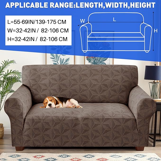 YEMYHOM 1 Piece Stretch Couch Covers for 2 Cushion Couch, Jacquard Loveseat Cover with Non-Slip Elastic Bottom, Thickened Slipcover Furniture Protector for Dogs Pets (Medium, Brown）