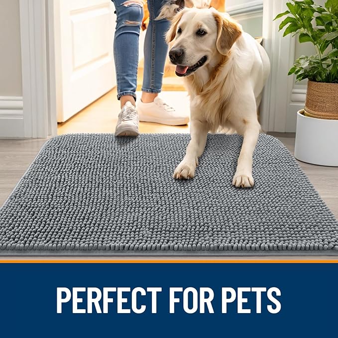 OLANLY Dog Door Mat for Muddy Paws 30x17, Absorbs Moisture and Dirt, Absorbent Non-Slip Washable Doormat, Quick Dry Chenille Mud Mat for Dogs, Entry Indoor Entryway Carpet for Inside Floor, Grey