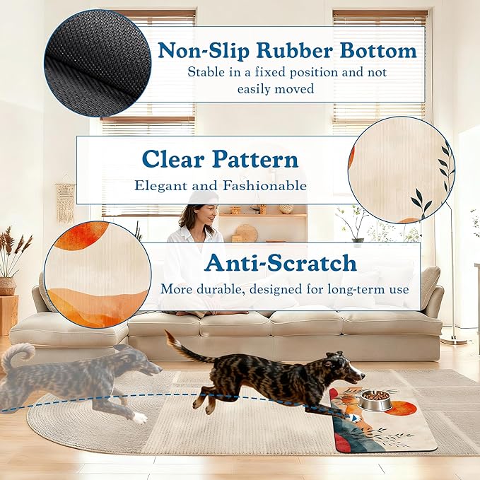 Boho Mountain Sun Pet Food Mat for Cats and Dogs–Absorbent Quick Dry Feeding Placemat, Non Slip Rubber Base, Waterproof Bowl Mat for Indoor Use, Pet Supplies 16"x24"