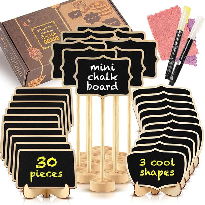 Mini Chalkboard Signs 30 Pack, Small Food Labels or Name Cards for Party Buffet Table with Wooden Stand for Wedding, Baby Shower, Mimosa Bar Supplies and Charcuterie Boards Accessories with 2 Pens