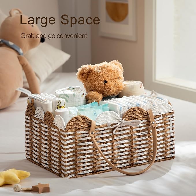 HBlife Baby Diaper Caddy, Paper Rope Storage Baskets Nursery Bin with Removable Divider, Portable Car Organizer for Diapers, Baby Shower Gifts, Newborn Essentials Must Haves