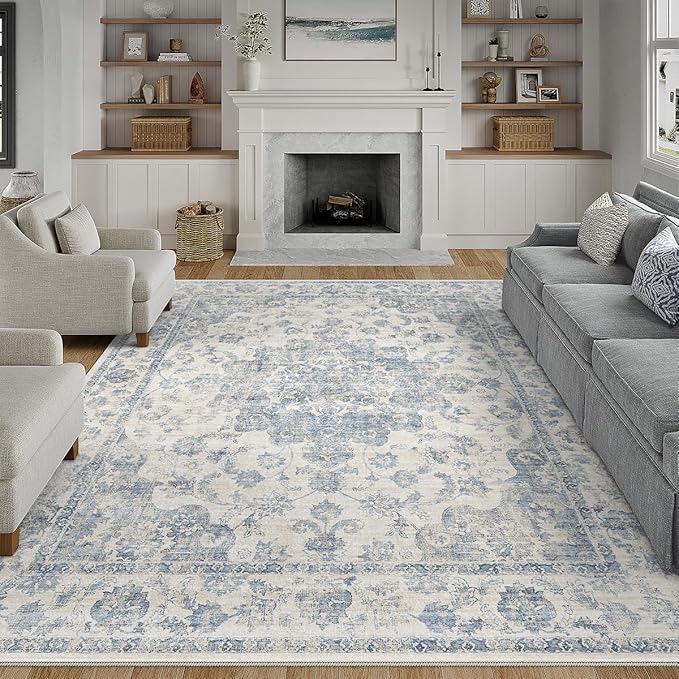 10x14 Neutral Area Rug Blue Vintage Living Room Bedroom Washable Carpet Non-Slip Soft Low Pile Farmhouse Indoor Large Throw Rug for Dining Room Office