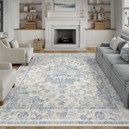 10x14 Neutral Area Rug Blue Vintage Living Room Bedroom Washable Carpet Non-Slip Soft Low Pile Farmhouse Indoor Large Throw Rug for Dining Room Office