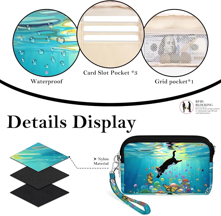 BIAOTIE Wristlet Purses for Women, Nylon Small Crossbody Bags with Adjustable Strap 3 Zipper Wristlet Wallet Phone Organizer