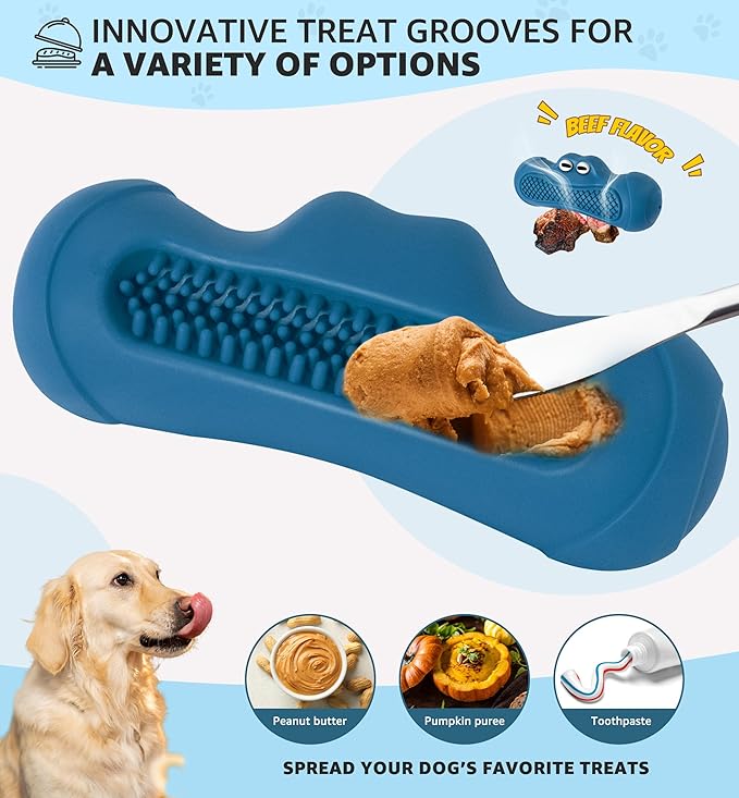 IPTPAS Durable Dog Chew Toy for Aggressive Chewers, Tough Natural Rubber Squeaky Dog Toy with Irresistible Beef Flavor, Dental Care, Teeth Cleaning & Boredom Relief for Medium & Large Dogs (Blue)