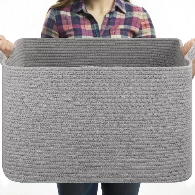 Large Blanket Basket, Blanket Storage Living Room, Rectangle Woven Baskets for Storage Toys, Towels, Dirty Clothes Organizer Bins (Light Grey)