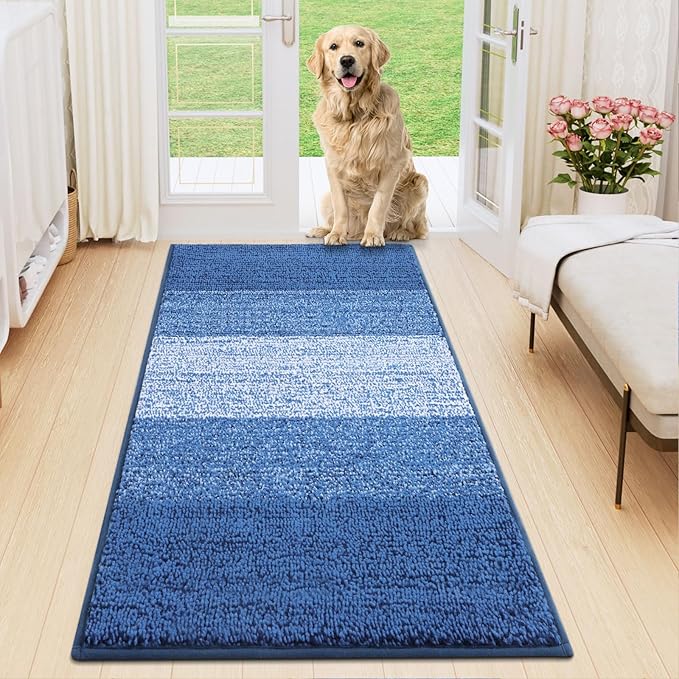 Smiry Dog Door Mat for Muddy Paws, Absorbs Moisture and Dirt, Low-Profile Entryway Mat with Non-Slip Backing, Entry Indoor Outdoor Doormat for Inside Floor (59x20 Inches, Navy Blue, Striped)