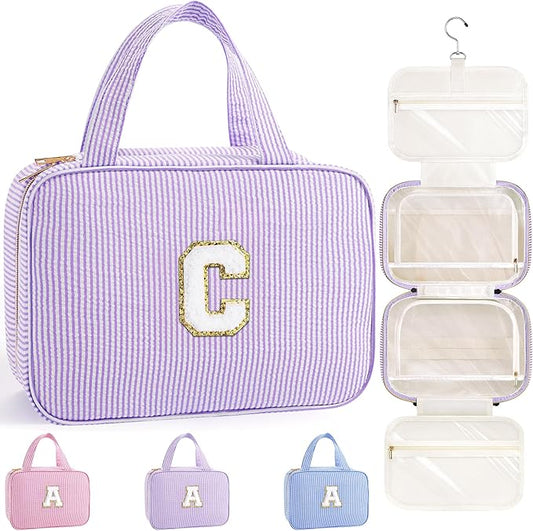 TOPEAST Hanging Toiletry Bag for Women - Travel Toiletry Bag Makeup Bag, Portable Toiletries Travel Bag and Cosmetic Bag, Airplane Travel Essentials - Letter C, Purple