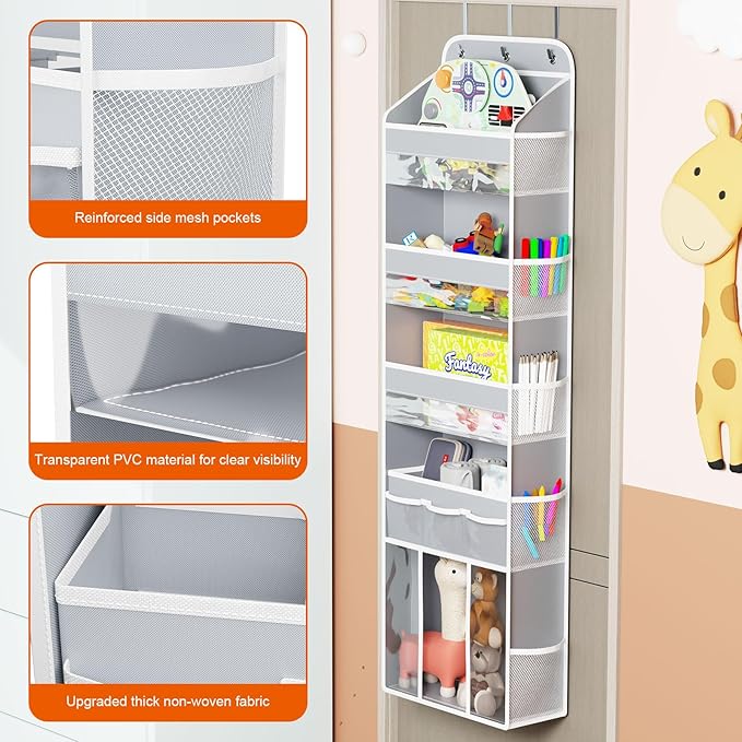 OneDream Over the Door Organizer for Nursery, 5-Tier Storage with Removable Caddy, Clear Pockets & Mesh Compartments, Ideal for Baby Essentials, Toiletries, Craft Supplies, Grey