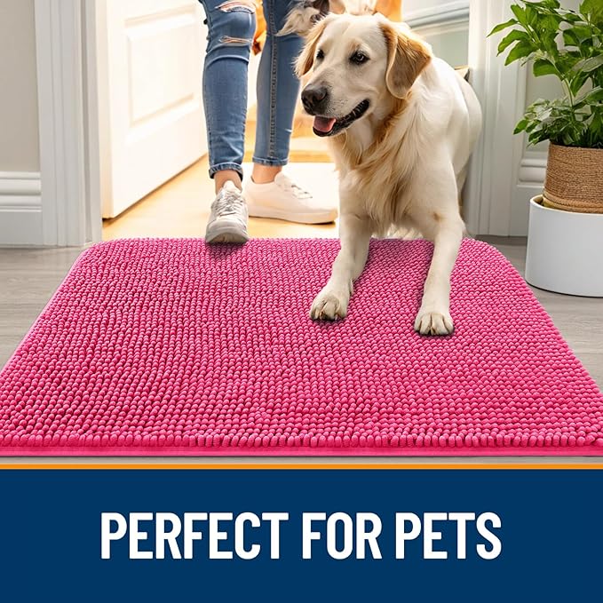 OLANLY Dog Door Mat for Muddy Paws 40x24, Absorbs Moisture and Dirt, Absorbent Non-Slip Washable Doormat, Quick Dry Chenille Mud Mat for Dogs, Entry Indoor Entryway Carpet for Inside Floor, Hot Pink