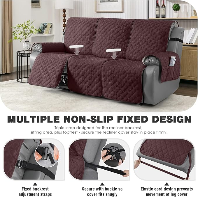 TAOCOCO 100% Waterproof Recliner Couch Covers, Recliner Sofa Covers with Leg Straps, 1-Piece Washable Reclining Sofa Cover with Pocket Couch Protector for Pets Kids(3 Seater, Coffee)