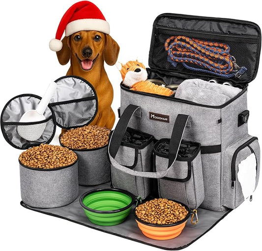Modoker Dog Travel Organizer with 2 Collapsible Bowls for Supplies & Accessories, Airline Approved Dog Tote Pet Travel Bag with 2 Travel Food Container