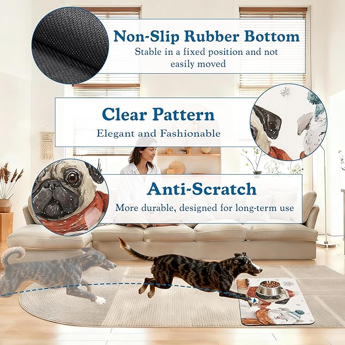 Chirstmas Dog Coffee Dog Cat Food Mat–Absorbent Waterproof Placemat for Food and Water Bowls, Non Slip Rubber Backing, Feeding Mat for Clean Floors 16"x24"