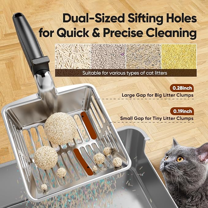 KooMooM Metal Cat Litter Scoop, Large Cat Scooper with Deep Shovel & Dual Sifting Holes for Fast & Precise Sifting, Space Aluminum Kitty Litter Scooper with Long Handle & Easy-to-Hang Hook - Black