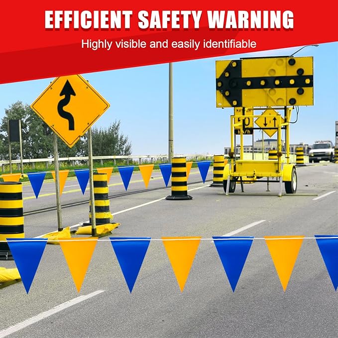 Safety Warning Pennant Banner Flags – Multipurpose 315FT OSHA High Visibility Colored Triangle Flags for Outdoor,Party, Roadwork, and Hazard Areas(BLUE+YELLOW,135pcs,315FT)
