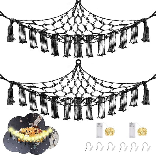 CERETIA Stuffed Animal Hammock with LED Light, Large Stuffed Animals Storage Corner Plushie Net for Kids Room Decor, 2 Packs Black