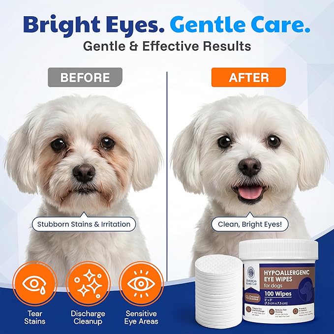 AKC Pet Eye Wipes for Dogs & Cats – Tear Stain Remover & Eye Discharge Cleaner – Hypoallergenic Grooming Wipes, 100 Count (Coconut Scent)