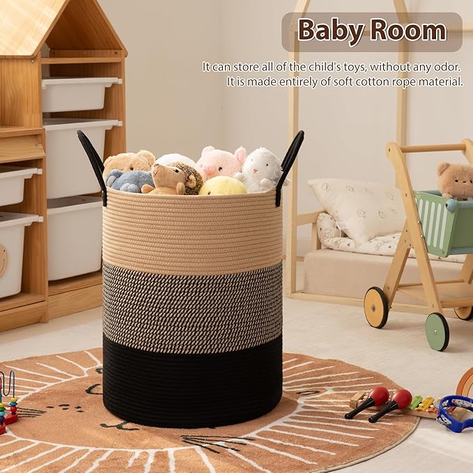 OIAHOMY Large Laundry Basket Hamper - 100L Cotton Rope Woven Basket for Blankets, Toys, Clothes - Tall Decorative Nursery Hamper with Long Handles, Yellow/Black