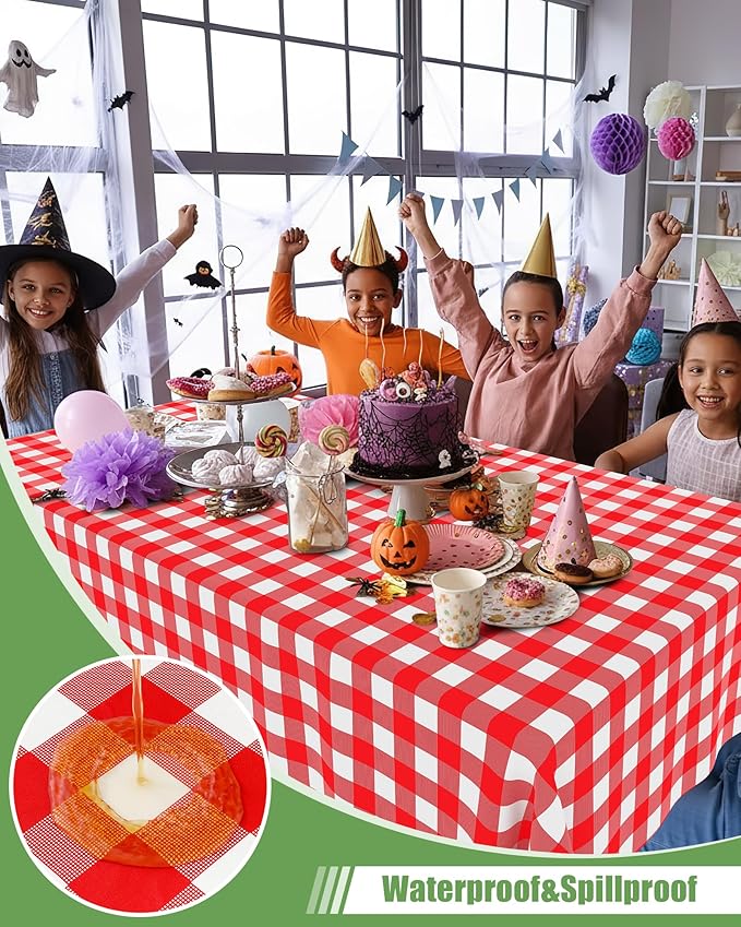 Smiry 12 Packs Gingham Disposable Table Cloth, 54 x 108 Inch Waterproof Plastic Tablecloth, Rectangle Red and White Checkered Table Covers for Picnic, Picnic, Birthday, Party
