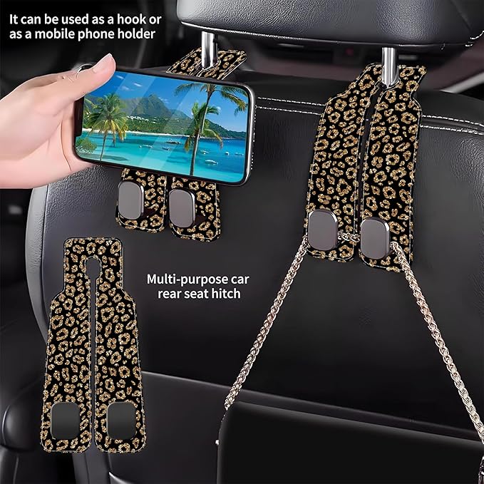AEWNUNK Car Headrest Purse Hanger Abstract Gold Glitter Leopard 1 Pack Bag Purse Holder for Car Premium Leather Double Metal Hook for Handbags, Grocery Bags and Phones