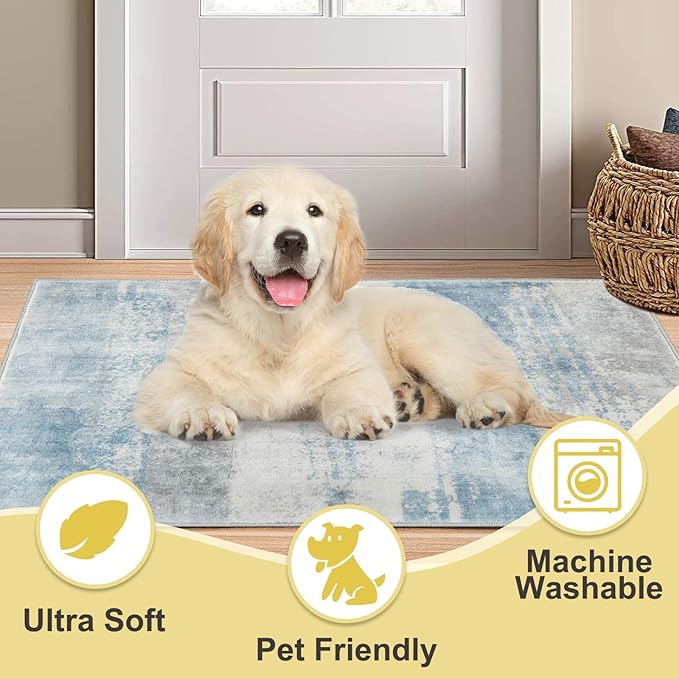 COMSLE Door Mat, Front Door Rug Indoor for Entrance Faux Wool Absorbent Non Slip Modern Throw Rug for Entryway Hallway Muddy Paws - Pet Friendly, 20x32 Inches,Milk Blue Machine Washable