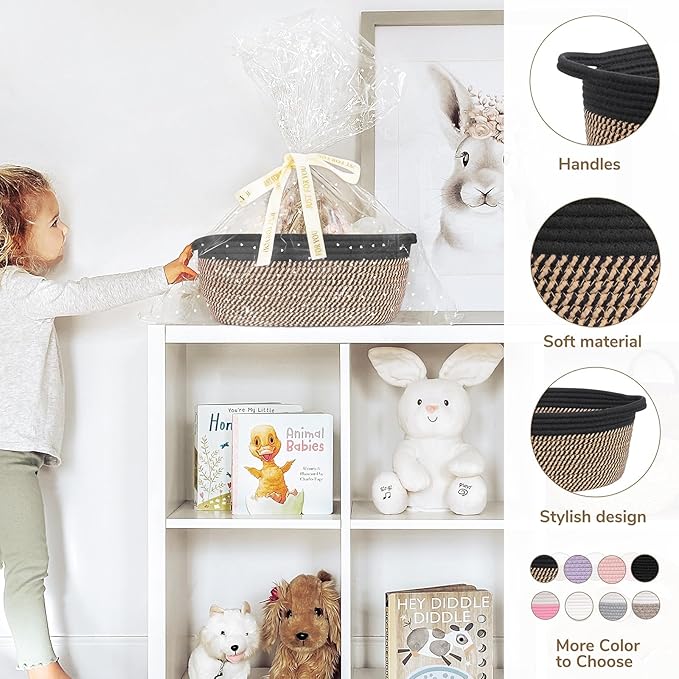 CHICVITA Small Woven Basket with Gift Bags & Ribbon Baskets for Gifts Empty, Rope Baskets for Organizing, Home Decoration for Kids, 12"x 8"x 5", Black & Jute