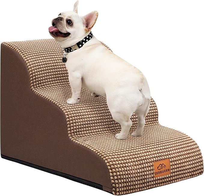 Zerbuger Dog Ramp and Stair for Bed 16" H-20 H,3-Step Cat Stair for Sofa and Chair,4-Step Dog Ramp for High Bed and Window,Durable Nonslip Fabric Cover for Indoor (Coffee-16 H, Pet Friendly, 3)