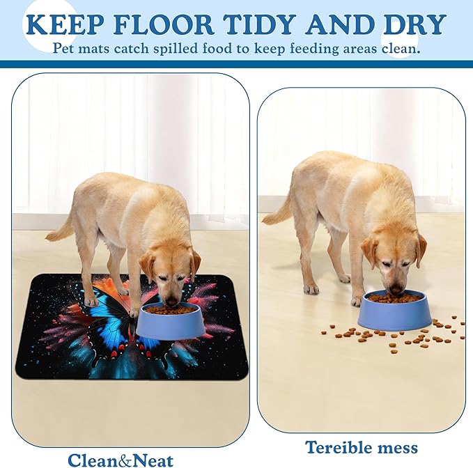 Blue Butterfly on Blooming Pet Feeding Mat–Quick Dry Absorbent Dog Cat Food Mat, Non Slip Waterproof Bowl Placemat for Messy Eaters, Pet Accessories for Floors 16"x24"